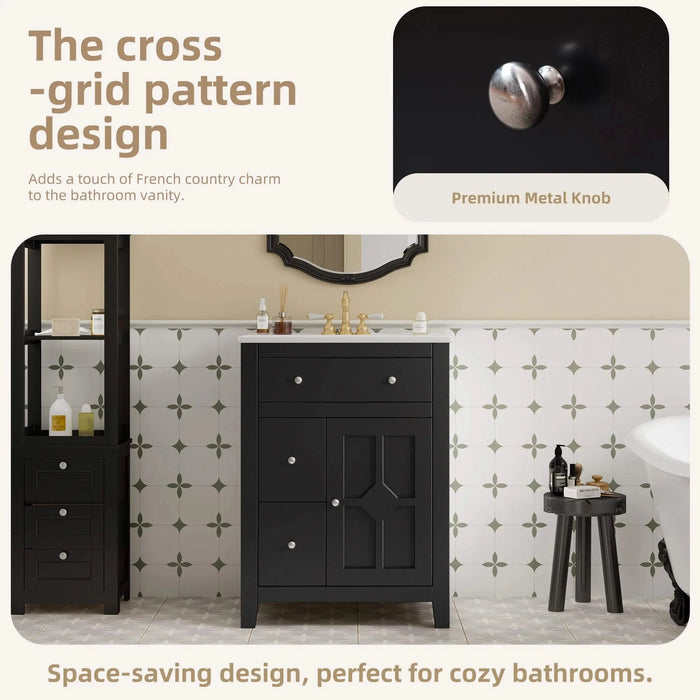 24' Modern Bathroom Vanity with Ceramic Basin, Restroom Basin Cabinet with 2 Drawers, Small Bathroom Cabinet with Soft-Closing Door Default -DTYStore