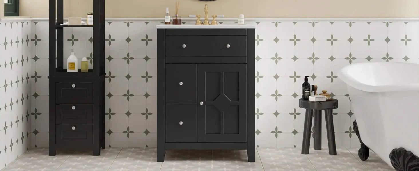 24' Modern Bathroom Vanity with Ceramic Basin, Restroom Basin Cabinet with 2 Drawers, Small Bathroom Cabinet with Soft-Closing Door Default -DTYStore