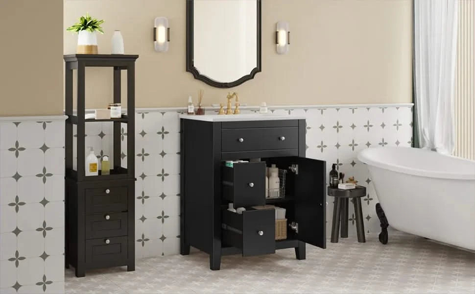 24' Modern Bathroom Vanity with Ceramic Basin, Restroom Basin Cabinet with 2 Drawers, Small Bathroom Cabinet with Soft-Closing Door Default -DTYStore