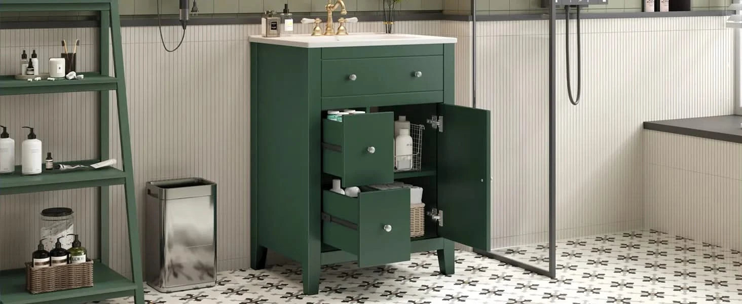 24' Modern Bathroom Vanity with Ceramic Basin, Restroom Basin Cabinet with 2 Drawers, Small Bathroom Cabinet with Soft-Closing Door Default -DTYStore