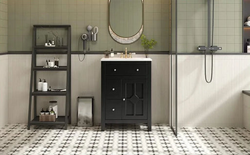 24' Modern Bathroom Vanity with Ceramic Basin, Restroom Basin Cabinet with 2 Drawers, Small Bathroom Cabinet with Soft-Closing Door Default -DTYStore