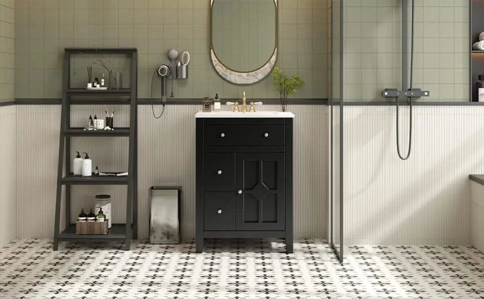 24' Modern Bathroom Vanity with Ceramic Basin, Restroom Basin Cabinet with 2 Drawers, Small Bathroom Cabinet with Soft-Closing Door Default -DTYStore