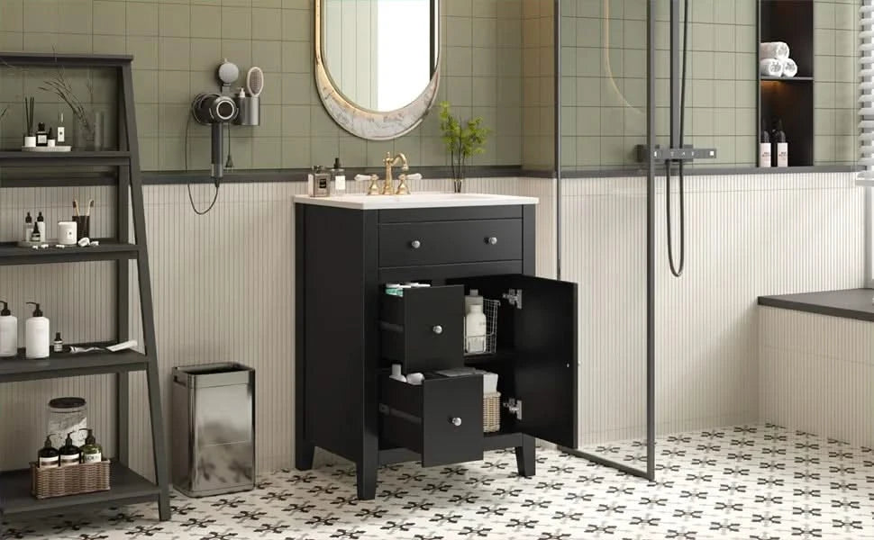 24' Modern Bathroom Vanity with Ceramic Basin, Restroom Basin Cabinet with 2 Drawers, Small Bathroom Cabinet with Soft-Closing Door Default -DTYStore