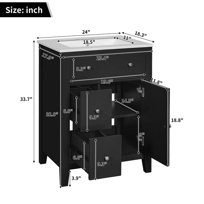 24' Modern Bathroom Vanity with Ceramic Basin, Restroom Basin Cabinet with 2 Drawers, Small Bathroom Cabinet with Soft-Closing Door Default -DTYStore