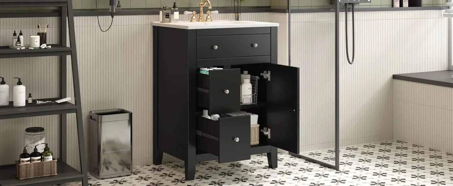 24' Modern Bathroom Vanity with Ceramic Basin, Restroom Basin Cabinet with 2 Drawers, Small Bathroom Cabinet with Soft-Closing Door Default -DTYStore