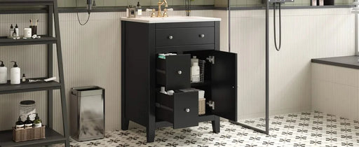 24' Modern Bathroom Vanity with Ceramic Basin, Restroom Basin Cabinet with 2 Drawers, Small Bathroom Cabinet with Soft-Closing Door Default -DTYStore