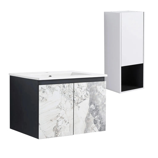 24' Wall-Mounted Bathroom Vanity With Ceramic Sink and Side Cabinet & Soft Close Doors, Combination Cabinet (KD-Package) Default -DTYStore
