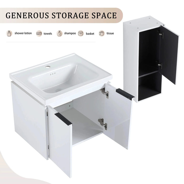 24' Wall-Mounted Bathroom Vanity With Ceramic Sink and Side Cabinet & Soft Close Doors, Combination Cabinet (KD-Package) Default -DTYStore