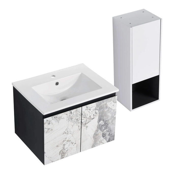 24' Wall-Mounted Bathroom Vanity With Ceramic Sink and Side Cabinet & Soft Close Doors, Combination Cabinet (KD-Package) Default -DTYStore