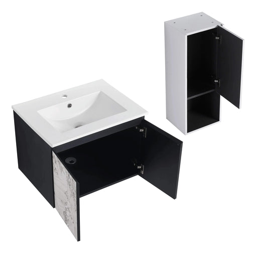 24' Wall-Mounted Bathroom Vanity With Ceramic Sink and Side Cabinet & Soft Close Doors, Combination Cabinet (KD-Package) Default -DTYStore