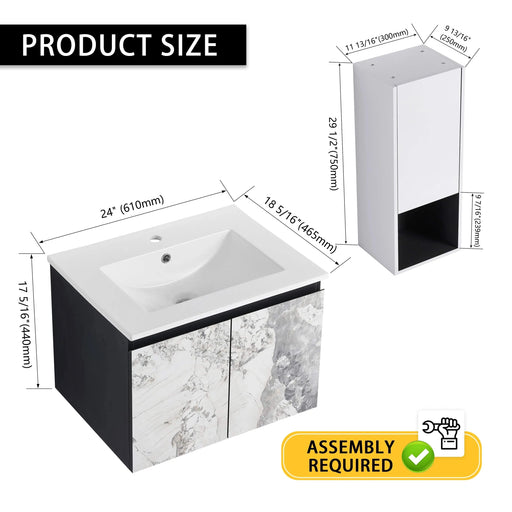 24' Wall-Mounted Bathroom Vanity With Ceramic Sink and Side Cabinet & Soft Close Doors, Combination Cabinet (KD-Package) Default -DTYStore