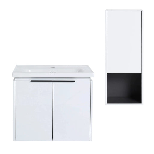 24' Wall-Mounted Bathroom Vanity With Ceramic Sink and Side Cabinet & Soft Close Doors, Combination Cabinet (KD-Package) Default -DTYStore