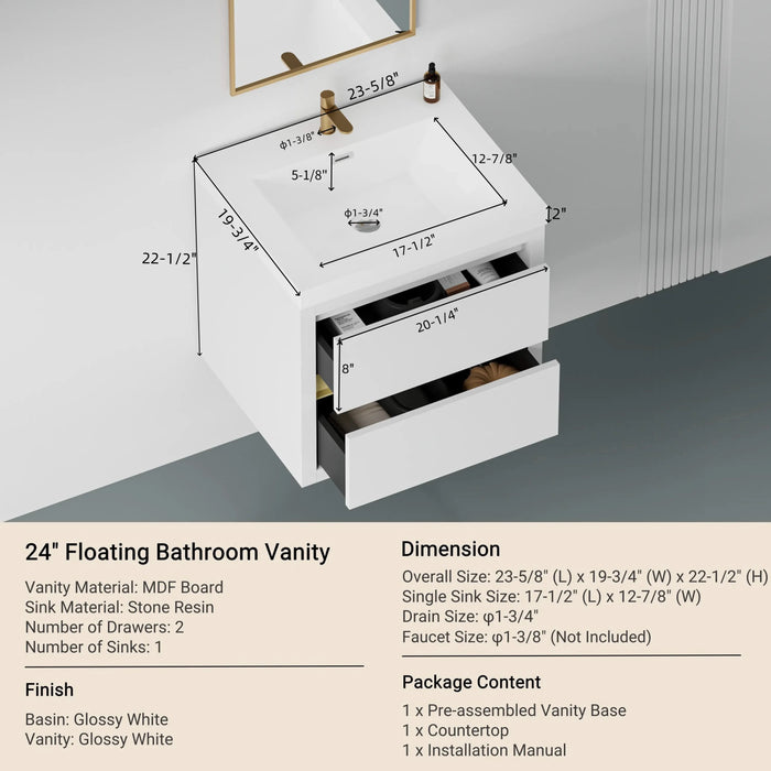 24' Wall-Mounted Bathroom Vanity with Sink, Floating Bathroom Storage Cabinet with Stone Resin Countertop and Soft Close Drawers, Glossy White 24V15-24GW Default -DTYStore