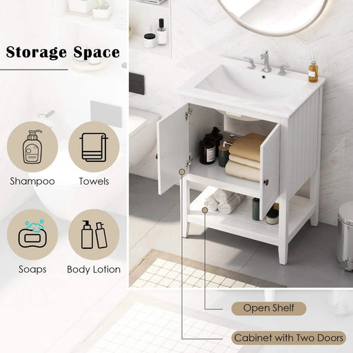 24' White Modern Sleek Bathroom Vanity Elegant Ceramic Sink with Solid Wood Frame Open Style Shelf Default -DTYStore