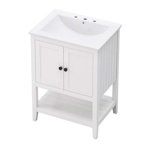 24' White Modern Sleek Bathroom Vanity Elegant Ceramic Sink with Solid Wood Frame Open Style Shelf Default -DTYStore