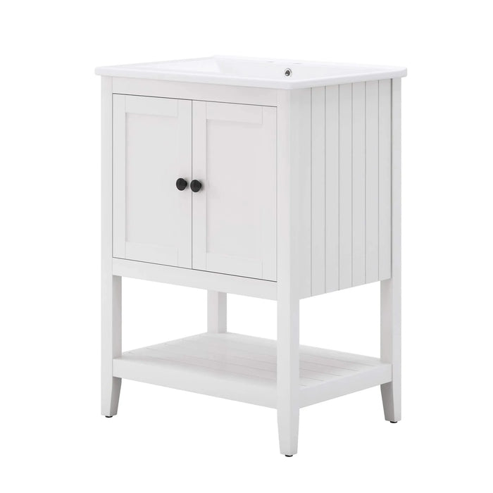 24' White Modern Sleek Bathroom Vanity Elegant Ceramic Sink with Solid Wood Frame Open Style Shelf Default -DTYStore
