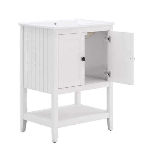 24' White Modern Sleek Bathroom Vanity Elegant Ceramic Sink with Solid Wood Frame Open Style Shelf Default -DTYStore