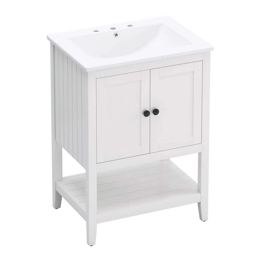 24' White Modern Sleek Bathroom Vanity Elegant Ceramic Sink with Solid Wood Frame Open Style Shelf Default -DTYStore