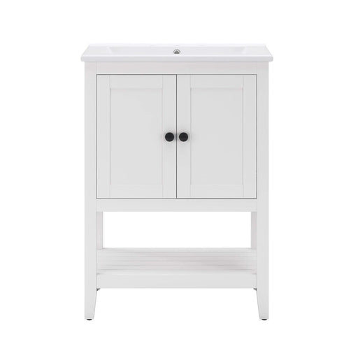 24' White Modern Sleek Bathroom Vanity Elegant Ceramic Sink with Solid Wood Frame Open Style Shelf Default -DTYStore