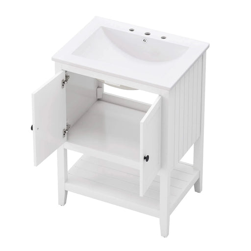 24' White Modern Sleek Bathroom Vanity Elegant Ceramic Sink with Solid Wood Frame Open Style Shelf Default -DTYStore