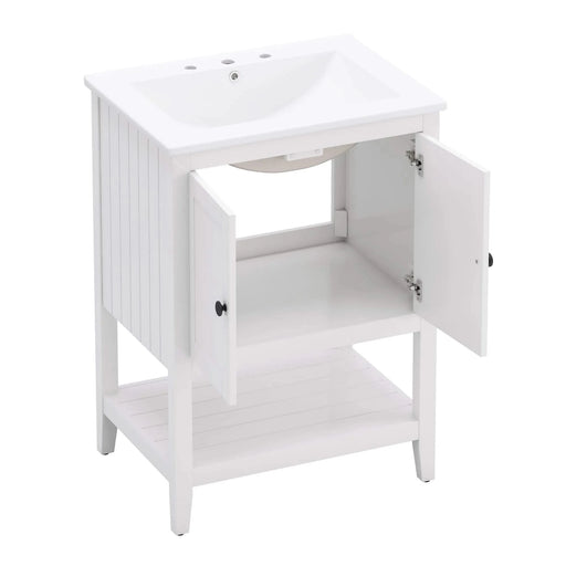 24' White Modern Sleek Bathroom Vanity Elegant Ceramic Sink with Solid Wood Frame Open Style Shelf Default -DTYStore