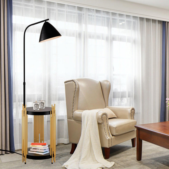 Luxury Shelves Floor Lamp for Living Room with Metal Lampshade, Standing Lamp Tall Industrial Floor Lamp Reading for Bedroom, Office (E26 No Included Bulb) -Matte Gold+Matte Black