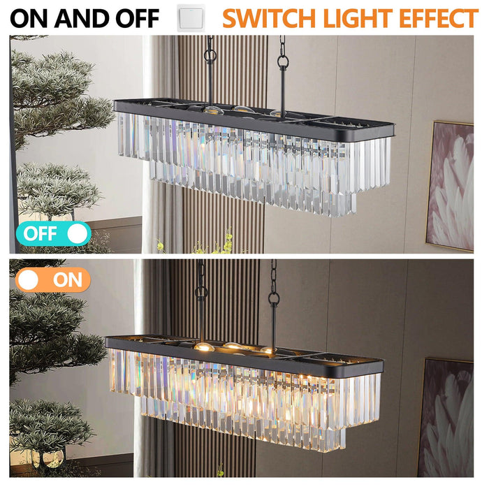 Chandeliers,Rectangular Crystal Chandelier Adjustable,E12 Modern Industrial Crystal Lights,Farmhouse Iron Ceiling Hanging Light for Kitchen Living Room Bedroom/Black(Bulb Not Included) - DTYStore