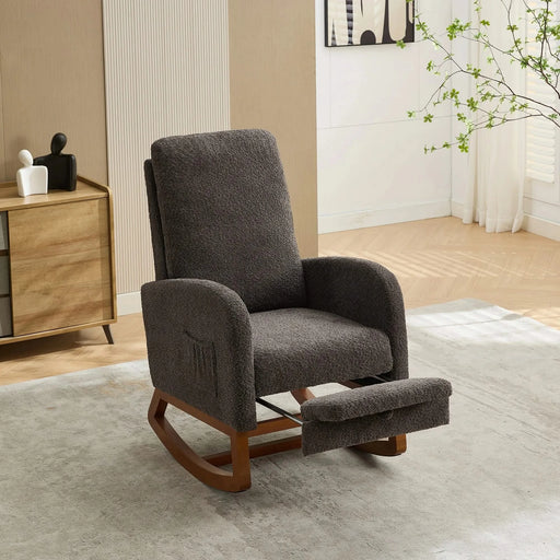 25.4'W Rocking Chair for Nursery, High Back Glider Chair with Retractable Footrest, Side Pocket, Rocking Accent Armchair with Rubber Wood Legs for Living Room/Bedroom.Charcoal Default -DTYStore