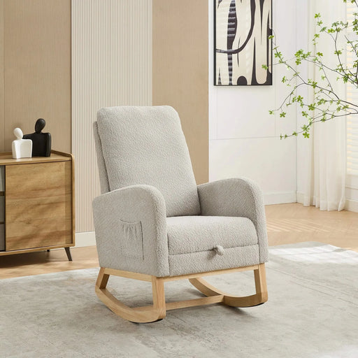 25.4'W Rocking Chair for Nursery, High Back Glider Chair with Retractable Footrest, Side Pocket, Rocking Accent Armchair with Rubber Wood Legs for Living Room/Bedroom.Light Gray Default -DTYStore