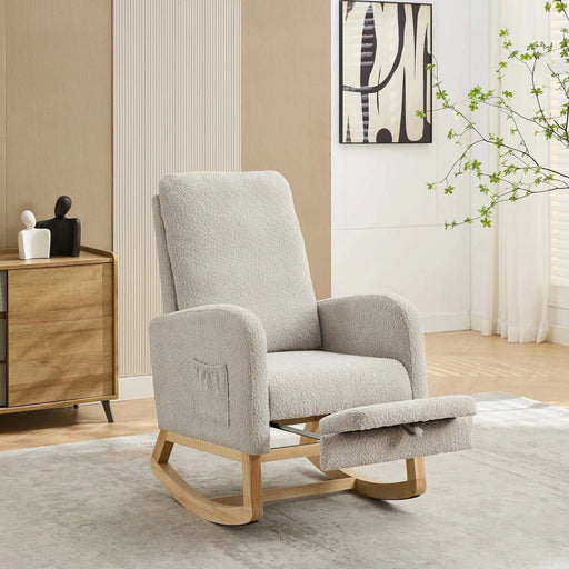 25.4'W Rocking Chair for Nursery, High Back Glider Chair with Retractable Footrest, Side Pocket, Rocking Accent Armchair with Rubber Wood Legs for Living Room/Bedroom.Light Gray Default -DTYStore