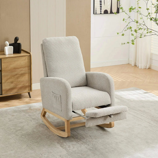 25.4'W Rocking Chair for Nursery, High Back Glider Chair with Retractable Footrest, Side Pocket, Rocking Accent Armchair with Rubber Wood Legs for Living Room/Bedroom.Light Gray Default -DTYStore