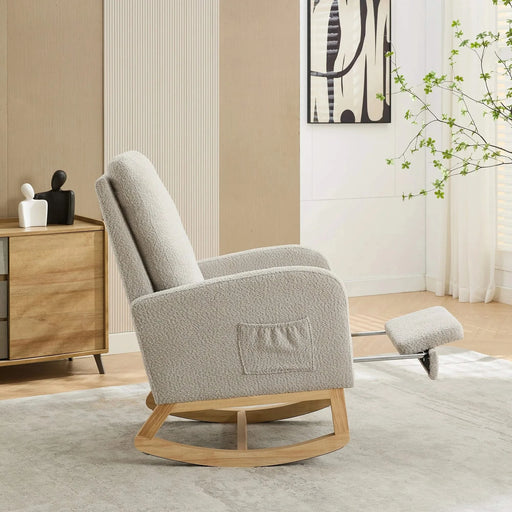 25.4'W Rocking Chair for Nursery, High Back Glider Chair with Retractable Footrest, Side Pocket, Rocking Accent Armchair with Rubber Wood Legs for Living Room/Bedroom.Light Gray Default -DTYStore