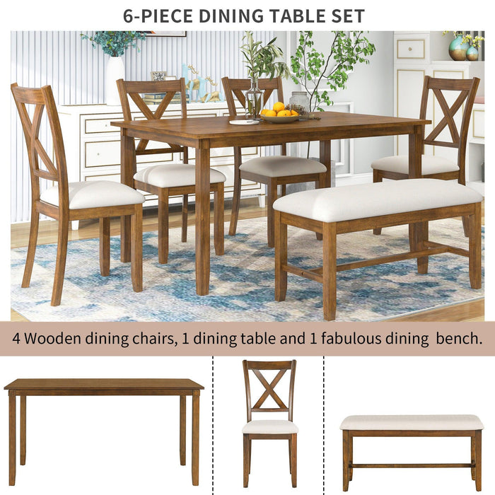 6-Piece Kitchen Dining Table Set Wooden Rectangular Table, 4 Chairs and Bench Family Furniture - DTYStore