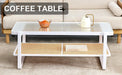 Modern Minimalist White Double Layered Solid Wood Coffee Table. Glass tabletop, imitation rattan edge table. Rectangular table suitable for living room, dining room, and bedroom - DTYStore
