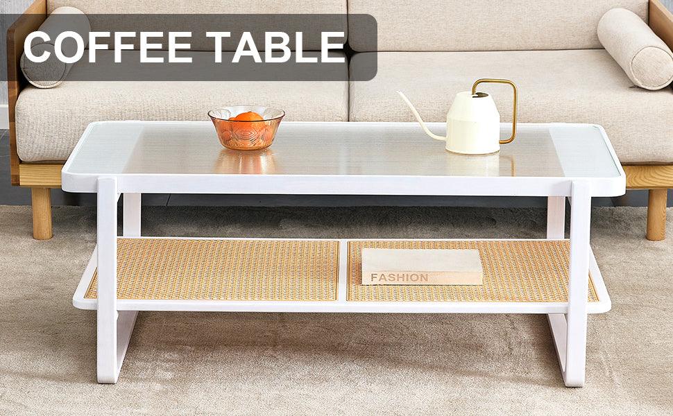 Modern Minimalist White Double Layered Solid Wood Coffee Table. Glass tabletop, imitation rattan edge table. Rectangular table suitable for living room, dining room, and bedroom - DTYStore