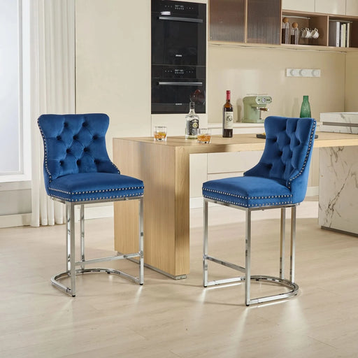 25' Counter Height Bar Stools Set of 2, Modern Velvet Barstools with Button Back&Rivet Trim Upholstered Kitchen Island Chairs with Sturdy Chromed Metal Base Legs Farmhouse Bar Stools, (Blue,2 Pack) Default -DTYStore