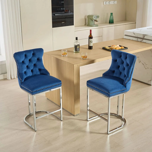 25' Counter Height Bar Stools Set of 2, Modern Velvet Barstools with Button Back&Rivet Trim Upholstered Kitchen Island Chairs with Sturdy Chromed Metal Base Legs Farmhouse Bar Stools, (Blue,2 Pack) Default -DTYStore