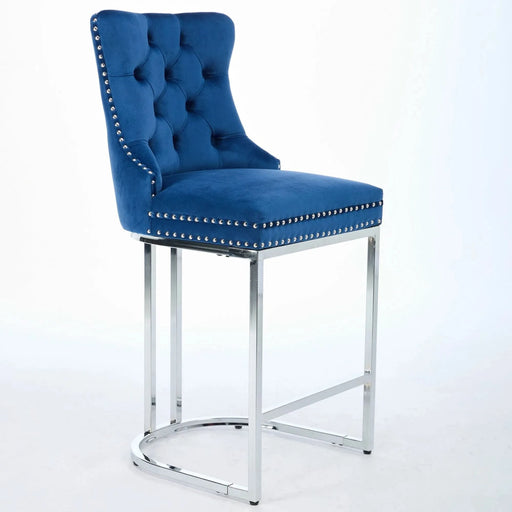 25' Counter Height Bar Stools Set of 2, Modern Velvet Barstools with Button Back&Rivet Trim Upholstered Kitchen Island Chairs with Sturdy Chromed Metal Base Legs Farmhouse Bar Stools, (Blue,2 Pack) Default -DTYStore