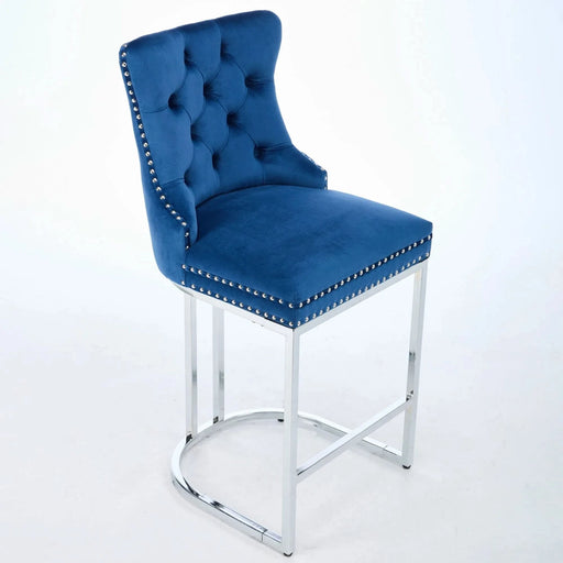 25' Counter Height Bar Stools Set of 2, Modern Velvet Barstools with Button Back&Rivet Trim Upholstered Kitchen Island Chairs with Sturdy Chromed Metal Base Legs Farmhouse Bar Stools, (Blue,2 Pack) Default -DTYStore
