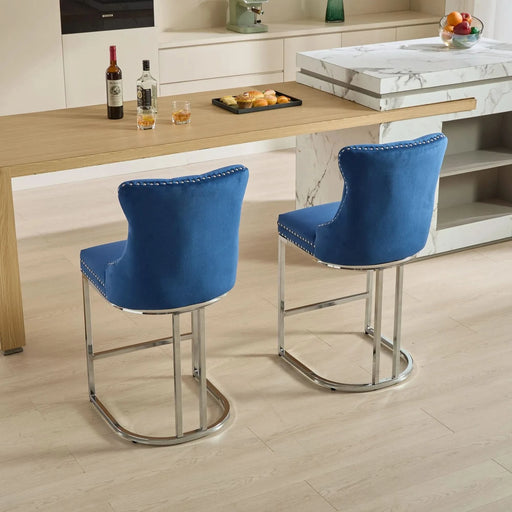 25' Counter Height Bar Stools Set of 2, Modern Velvet Barstools with Button Back&Rivet Trim Upholstered Kitchen Island Chairs with Sturdy Chromed Metal Base Legs Farmhouse Bar Stools, (Blue,2 Pack) Default -DTYStore