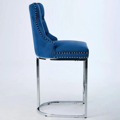 25' Counter Height Bar Stools Set of 2, Modern Velvet Barstools with Button Back&Rivet Trim Upholstered Kitchen Island Chairs with Sturdy Chromed Metal Base Legs Farmhouse Bar Stools, (Blue,2 Pack) Default -DTYStore