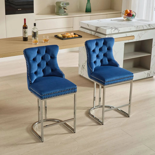 25' Counter Height Bar Stools Set of 2, Modern Velvet Barstools with Button Back&Rivet Trim Upholstered Kitchen Island Chairs with Sturdy Chromed Metal Base Legs Farmhouse Bar Stools, (Blue,2 Pack) Default -DTYStore