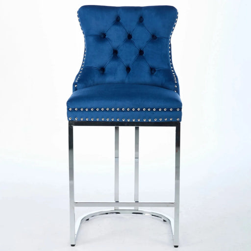 25' Counter Height Bar Stools Set of 2, Modern Velvet Barstools with Button Back&Rivet Trim Upholstered Kitchen Island Chairs with Sturdy Chromed Metal Base Legs Farmhouse Bar Stools, (Blue,2 Pack) Default -DTYStore