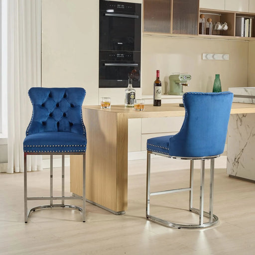 25' Counter Height Bar Stools Set of 2, Modern Velvet Barstools with Button Back&Rivet Trim Upholstered Kitchen Island Chairs with Sturdy Chromed Metal Base Legs Farmhouse Bar Stools, (Blue,2 Pack) Default -DTYStore