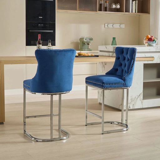 25' Counter Height Bar Stools Set of 2, Modern Velvet Barstools with Button Back&Rivet Trim Upholstered Kitchen Island Chairs with Sturdy Chromed Metal Base Legs Farmhouse Bar Stools, (Blue,2 Pack) Default -DTYStore