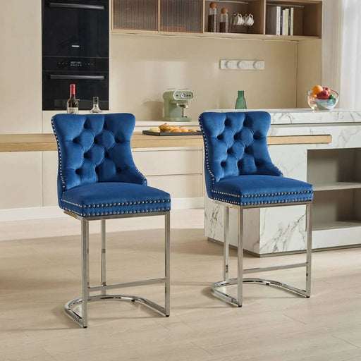 25' Counter Height Bar Stools Set of 2, Modern Velvet Barstools with Button Back&Rivet Trim Upholstered Kitchen Island Chairs with Sturdy Chromed Metal Base Legs Farmhouse Bar Stools, (Blue,2 Pack) Default -DTYStore