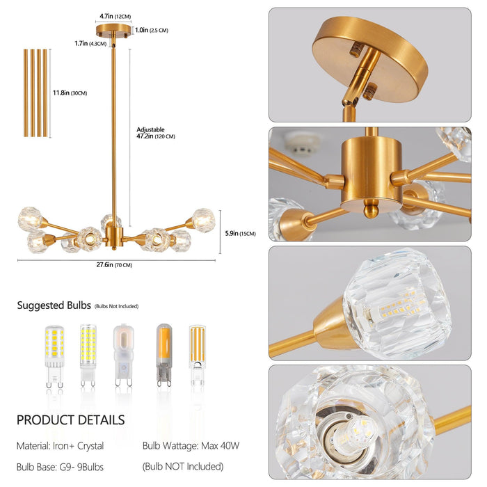Modern Crystal Chandeliers, 9 Lights Golden Chandelier for Living Room Bedroom, Dining Room Chandelier Over Table, Kitchen Light Fixtures(Bulbs Not Included) - DTYStore