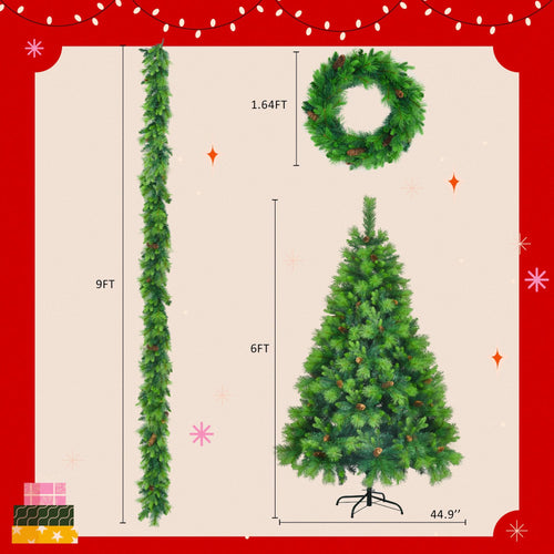 6FT Grass Green Christmas Tree, Large Branches Pine Tree, Pre-Lit Set with Tree & Garland & Wreath, Artificial Christmas with Pine Cones, Hinged Xmas Tree , for Holiday Party Ofiice Home - Image 10