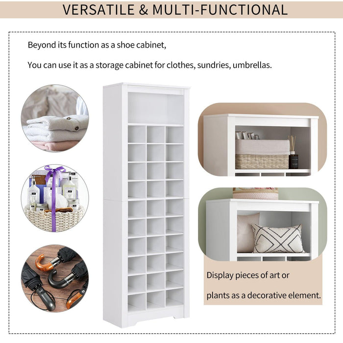 Stylish Design 30 Shoe Cubby Console, Contemporary Shoe Cabinet with Multiple Storage Capacity, Free Standing Tall Cabinet with Versatile Use for Hallway, Bedroom, White - DTYStore