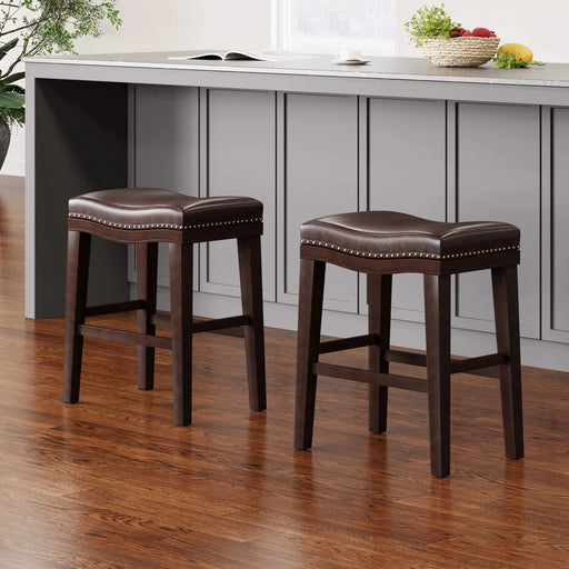 26' Contemporary Upholstered Saddle Counter Stool with Nailhead Trim (Set of 2), Dark Brown Default -DTYStore